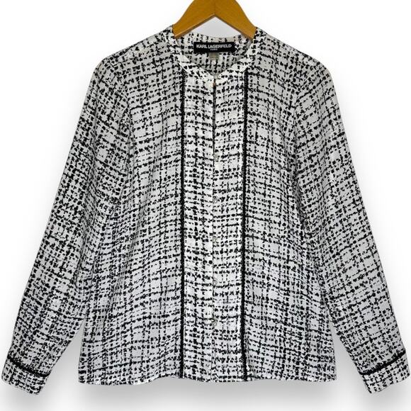 Karl Lagerfeld Paris Women's Pearl Button Top Size XS White Black Tweed Print - Picture 9 of 9
